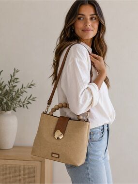 Luella Grey London Tan Raffia Woven Satchel Crossbody Shoulder Bag